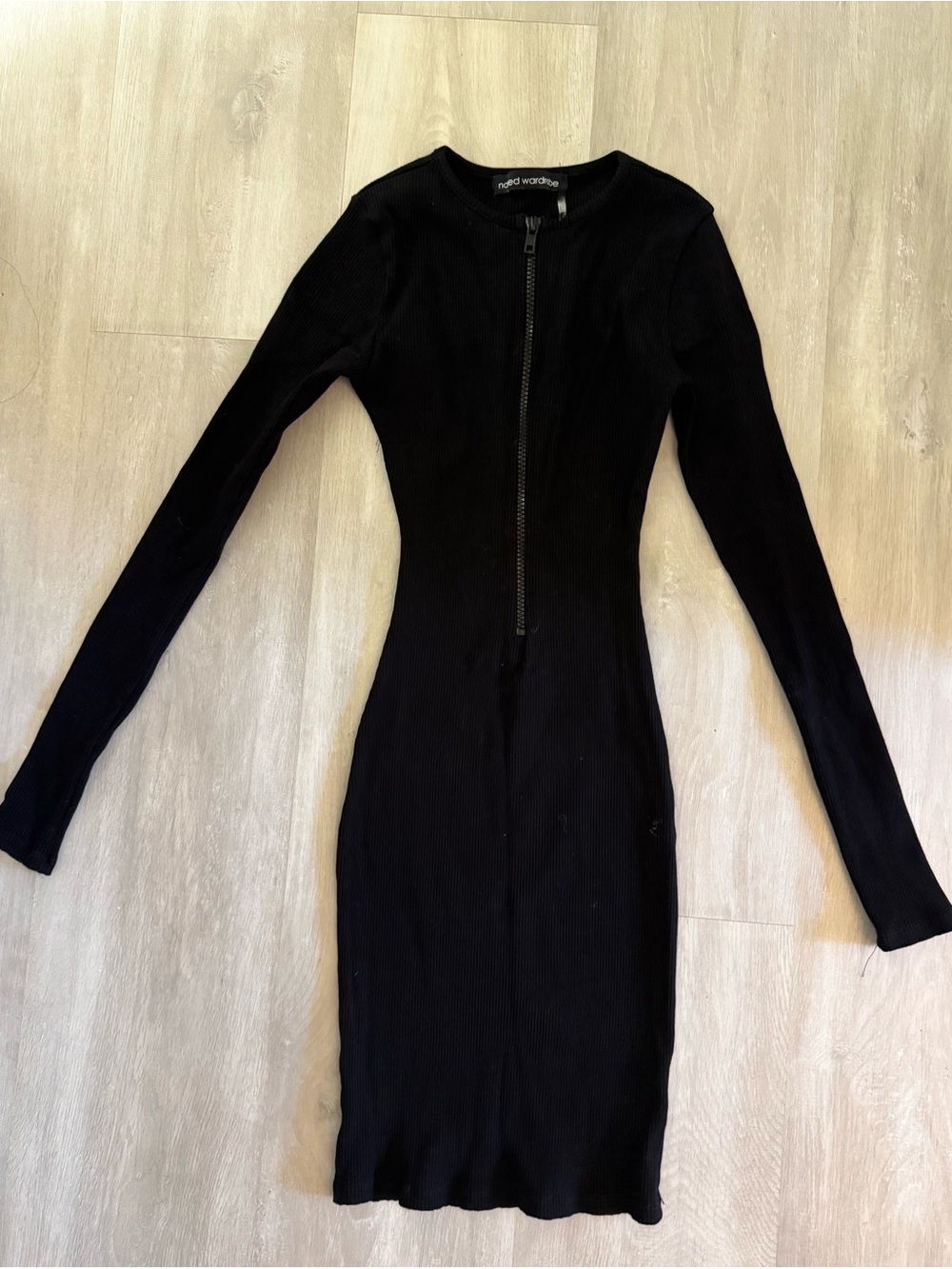 naked wardrobe Black Ribbed Zip-Front Long Sleeve Dress